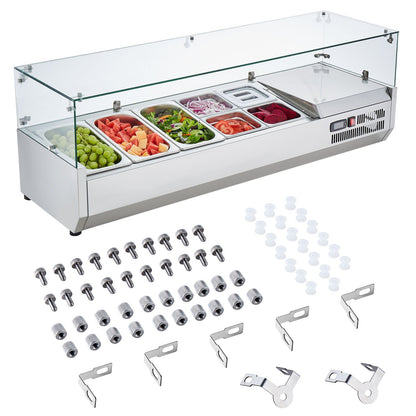 Refrigerated Condiment Prep Station, 150 W Countertop Refrigerated Condiment Station, with 3 1/3 Pans & 4 1/6 Pans, 304 Stainless Body and PC Lid, Sandwich Prep Table with Glass Guard, CE