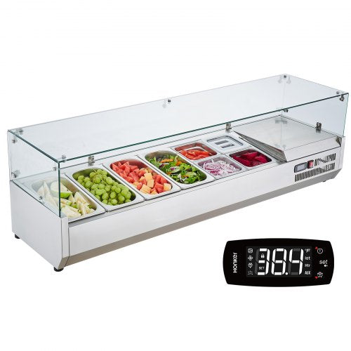 Refrigerated Condiment Prep Station, 155 W Countertop Refrigerated Condiment Station, with 4 1/3 Pans & 4 1/6 Pans, 304 Stainless Body and PC Lid, Sandwich Prep Table with Glass Guard, CE