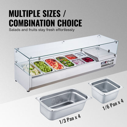 Refrigerated Condiment Prep Station, 155 W Countertop Refrigerated Condiment Station, with 4 1/3 Pans & 4 1/6 Pans, 304 Stainless Body and PC Lid, Sandwich Prep Table with Glass Guard, CE