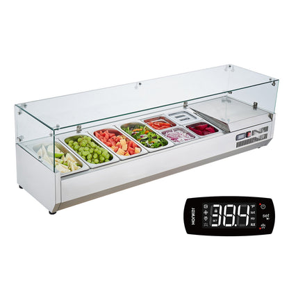 Refrigerated Condiment Prep Station, 155 W Countertop Refrigerated Condiment Station, with 4 1/3 Pans & 4 1/6 Pans, 304 Stainless Body and PC Lid, Sandwich Prep Table with Glass Guard, CE