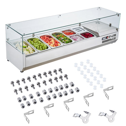 Refrigerated Condiment Prep Station, 155 W Countertop Refrigerated Condiment Station, with 4 1/3 Pans & 4 1/6 Pans, 304 Stainless Body and PC Lid, Sandwich Prep Table with Glass Guard, CE