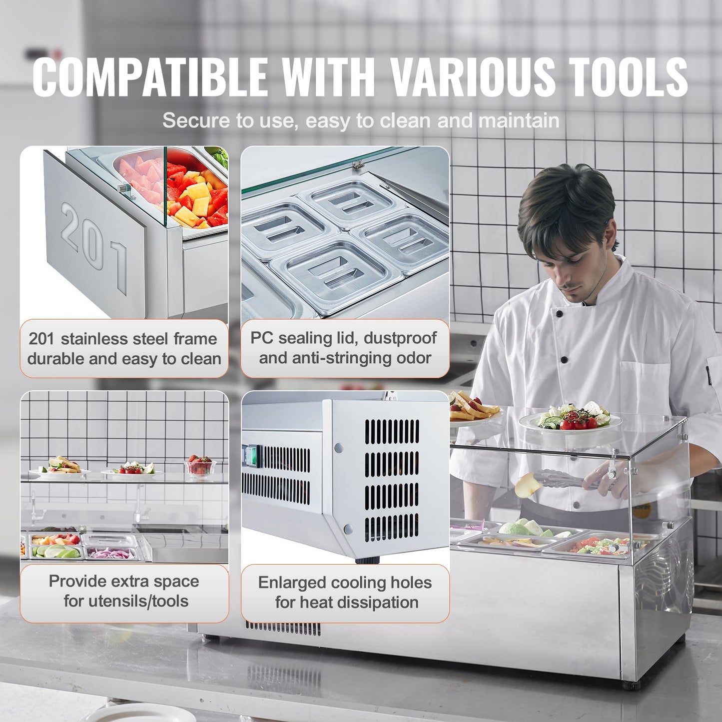 Refrigerated Condiment Prep Station, 140 W Countertop Refrigerated Condiment Station, with 1 1/3 Pan & 4 1/6 Pans, 304 Stainless Body and PC Lid, Sandwich Prep Table with Glass Guard, CE