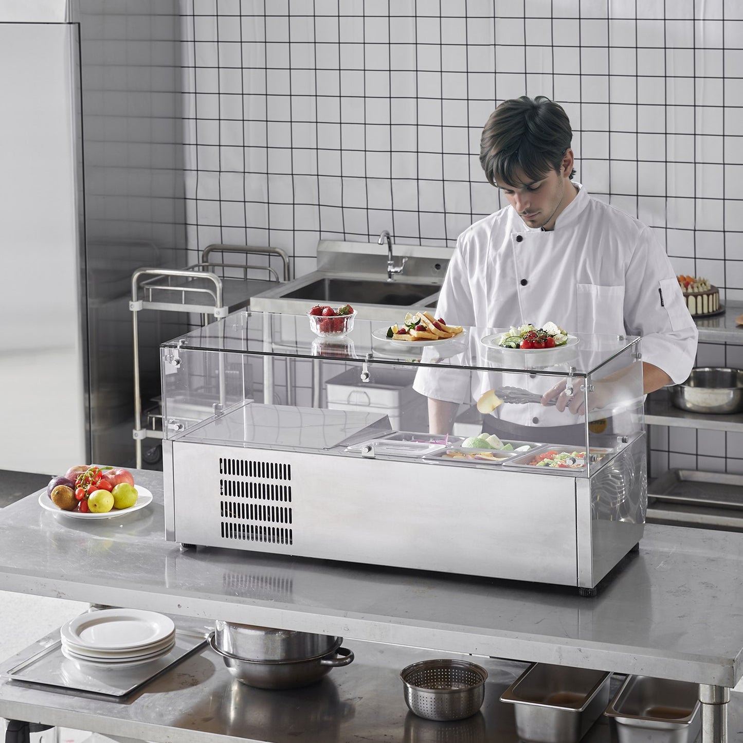 Refrigerated Condiment Prep Station, 140 W Countertop Refrigerated Condiment Station, with 1 1/3 Pan & 4 1/6 Pans, 304 Stainless Body and PC Lid, Sandwich Prep Table with Glass Guard, CE