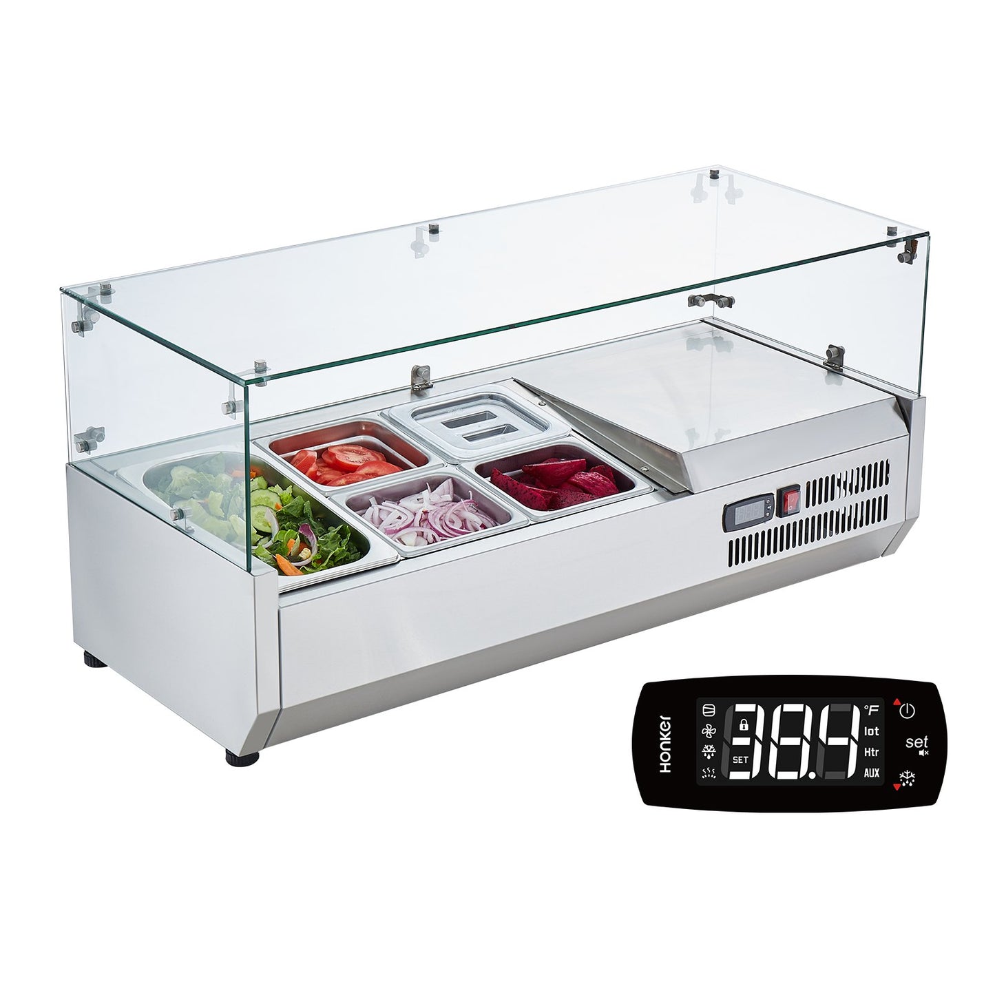 Refrigerated Condiment Prep Station, 140 W Countertop Refrigerated Condiment Station, with 1 1/3 Pan & 4 1/6 Pans, 304 Stainless Body and PC Lid, Sandwich Prep Table with Glass Guard, CE