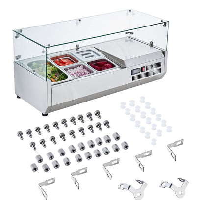 Refrigerated Condiment Prep Station, 140 W Countertop Refrigerated Condiment Station, with 1 1/3 Pan & 4 1/6 Pans, 304 Stainless Body and PC Lid, Sandwich Prep Table with Glass Guard, CE