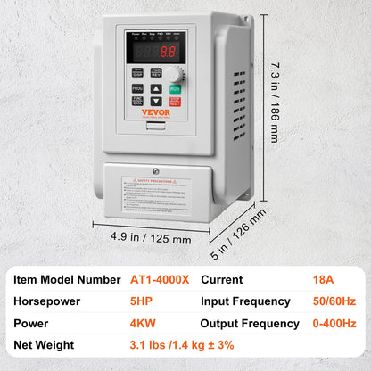 VFD 4KW，18A，5HP Variable Frequency Drive for 3-Phase Motor Speed Control