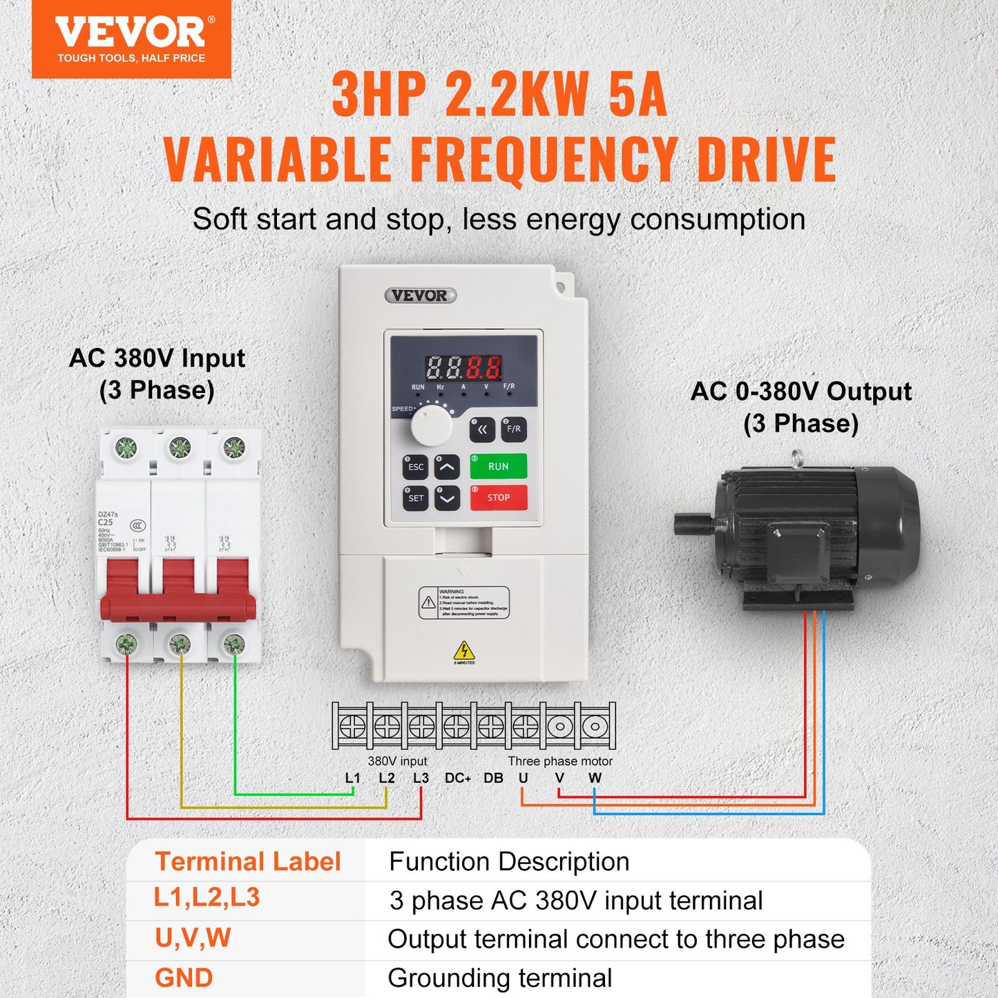 VFD 3HP, 2.2KW, 5A, 3 Phase AC 380V Input to 3 Phase AC 0 - 380V Output Variable Frequency Drive, 50/60Hz Input, 0-2000Hz Output VFD for Spindle Motor Speed Control