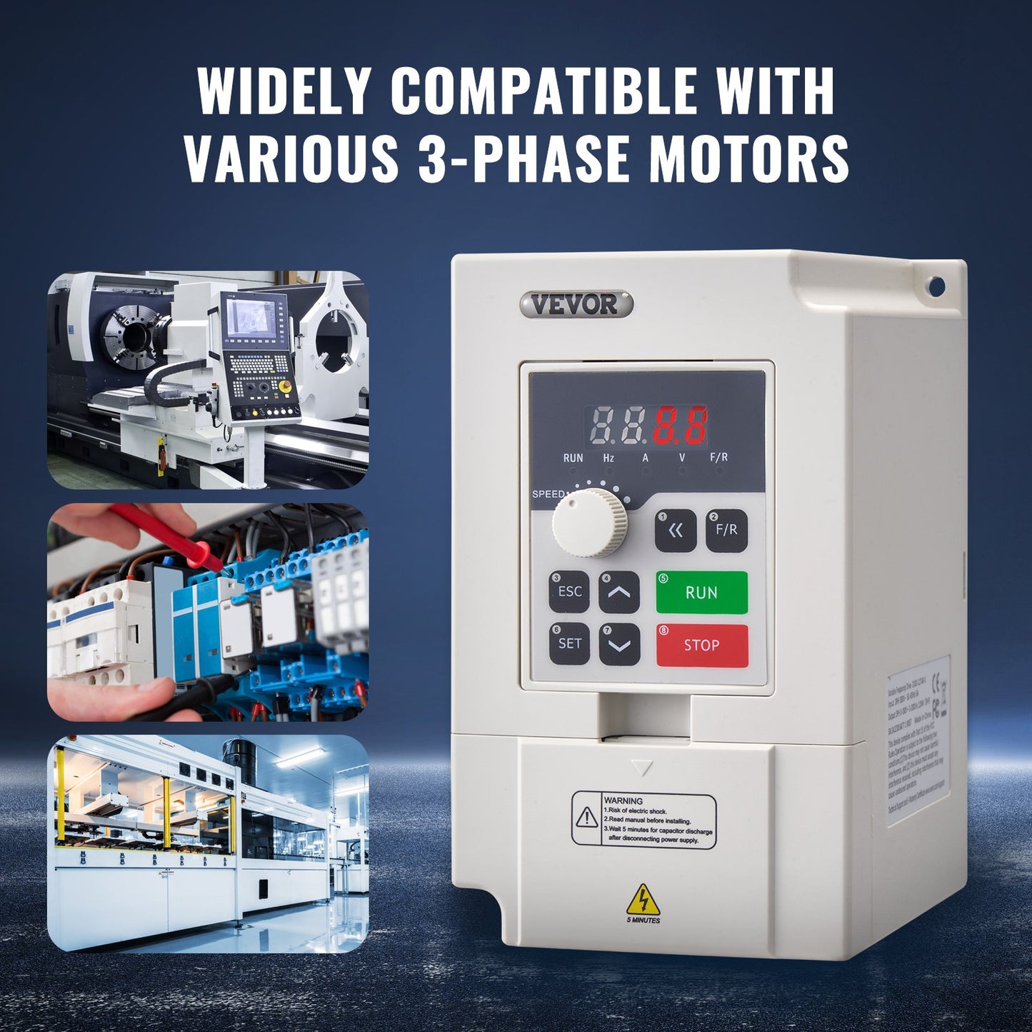VFD 3HP, 2.2KW, 5A, 3 Phase AC 380V Input to 3 Phase AC 0 - 380V Output Variable Frequency Drive, 50/60Hz Input, 0-2000Hz Output VFD for Spindle Motor Speed Control