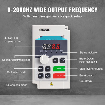VFD 4HP, 3KW, 14A, 1 or 3 Phase AC 220V Input to 3 Phase AC 0~220V Output Variable Frequency Drive, 50/60Hz Input, 0-2000Hz Output VFD for Spindle Motor Speed Control