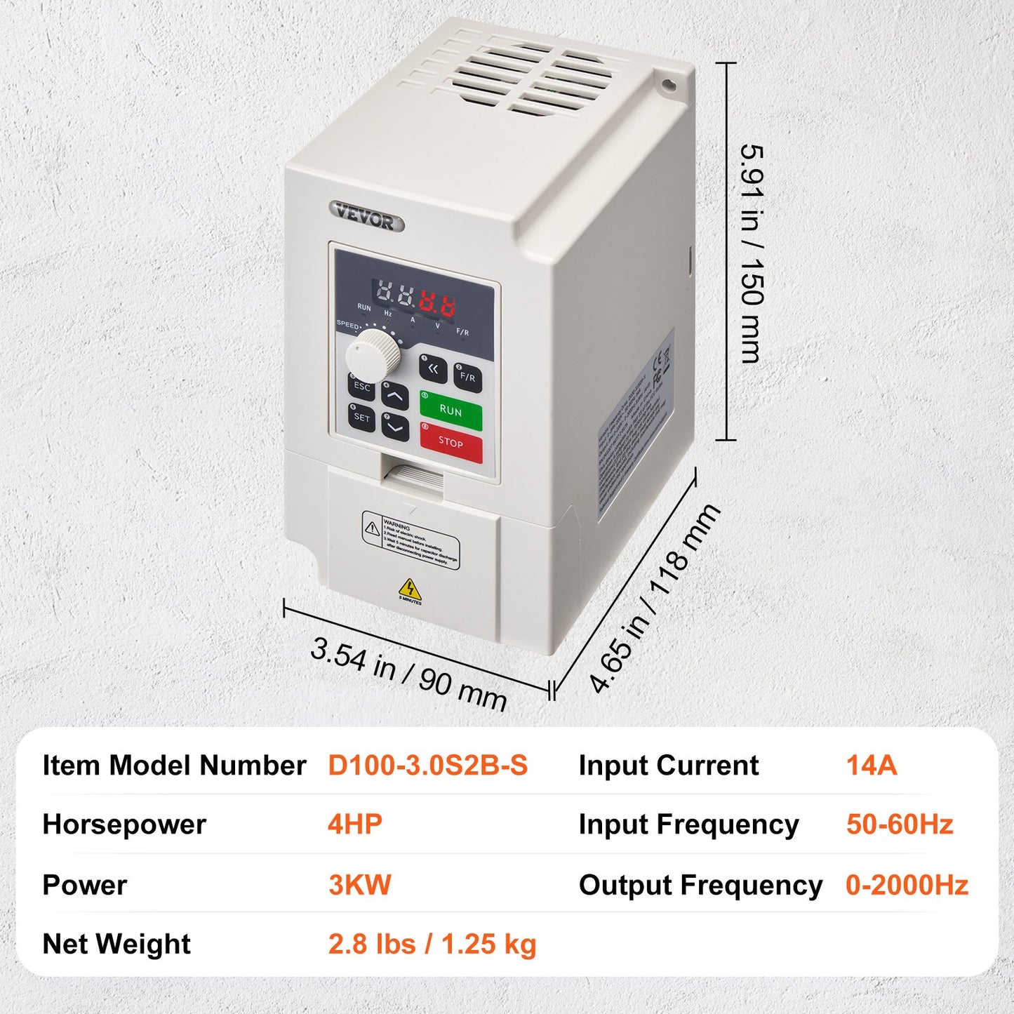 VFD 4HP, 3KW, 14A, 1 or 3 Phase AC 220V Input to 3 Phase AC 0~220V Output Variable Frequency Drive, 50/60Hz Input, 0-2000Hz Output VFD for Spindle Motor Speed Control