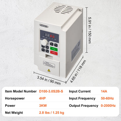 VFD 4HP, 3KW, 14A, 1 or 3 Phase AC 220V Input to 3 Phase AC 0~220V Output Variable Frequency Drive, 50/60Hz Input, 0-2000Hz Output VFD for Spindle Motor Speed Control