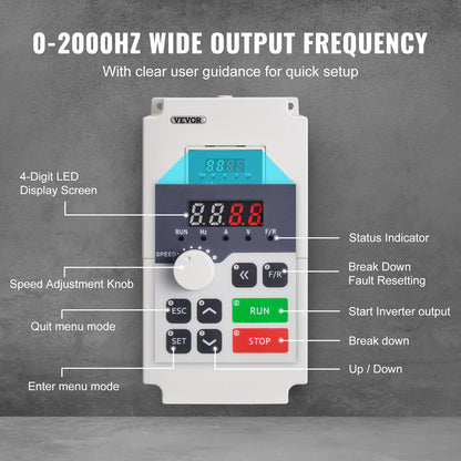 VFD 5HP, 4KW, 18A, 1 or 3 Phase AC 220V Input to 3 Phase AC 0~220V Output Variable Frequency Drive, 50/60Hz Input, 0-2000Hz Output VFD for Spindle Motor Speed Control