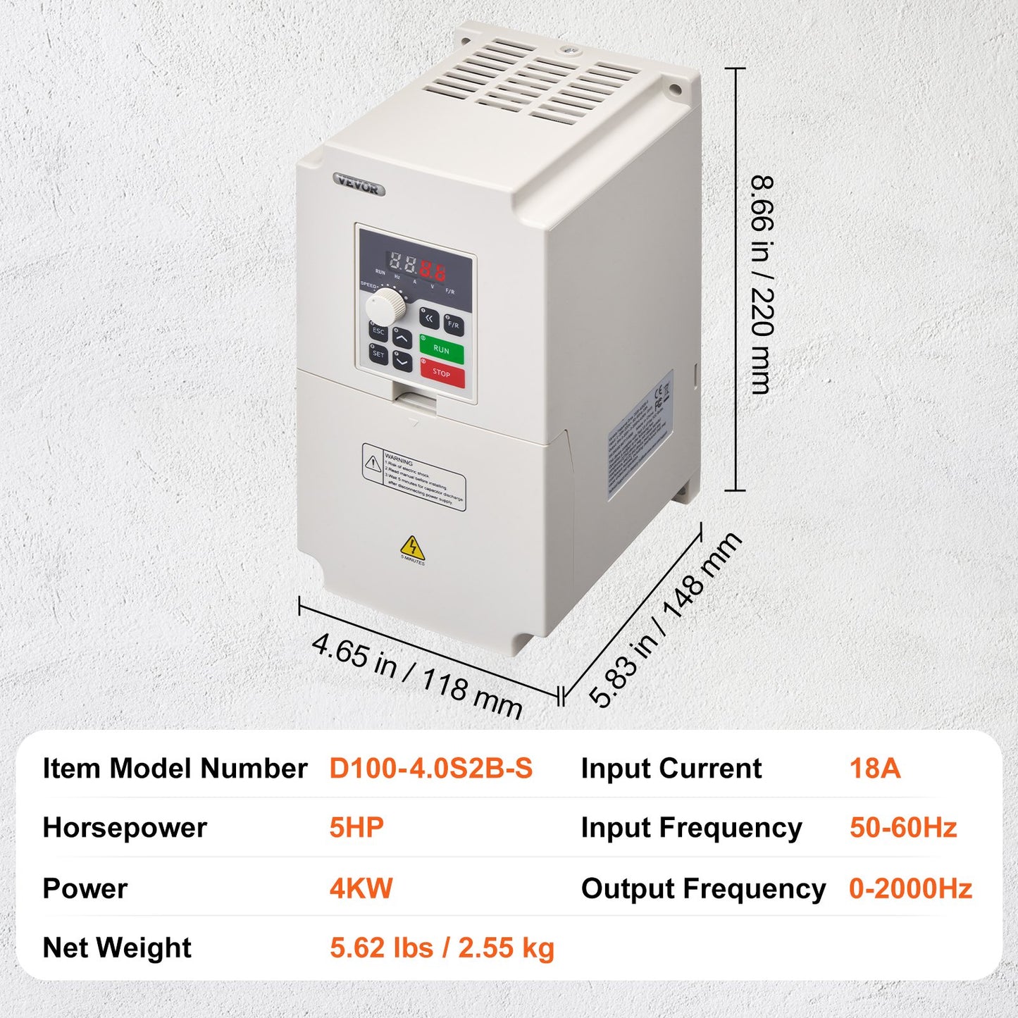 VFD 5HP, 4KW, 18A, 1 or 3 Phase AC 220V Input to 3 Phase AC 0~220V Output Variable Frequency Drive, 50/60Hz Input, 0-2000Hz Output VFD for Spindle Motor Speed Control