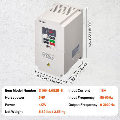 VFD 5HP, 4KW, 18A, 1 or 3 Phase AC 220V Input to 3 Phase AC 0~220V Output Variable Frequency Drive, 50/60Hz Input, 0-2000Hz Output VFD for Spindle Motor Speed Control