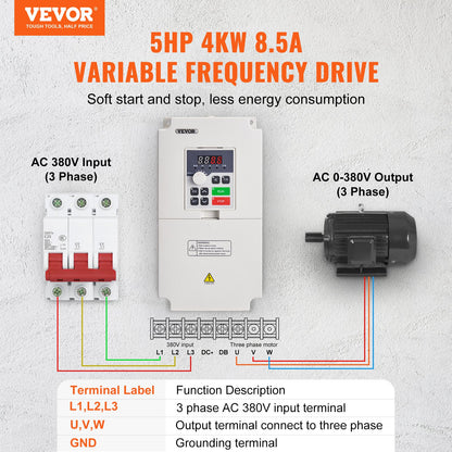 VFD 5HP, 4KW, 8.5A, 3 Phase AC 380V Input to 3 Phase AC 0 - 380V Output Variable Frequency Drive, 50/60Hz Input, 0-2000Hz Output VFD for Spindle Motor Speed Control