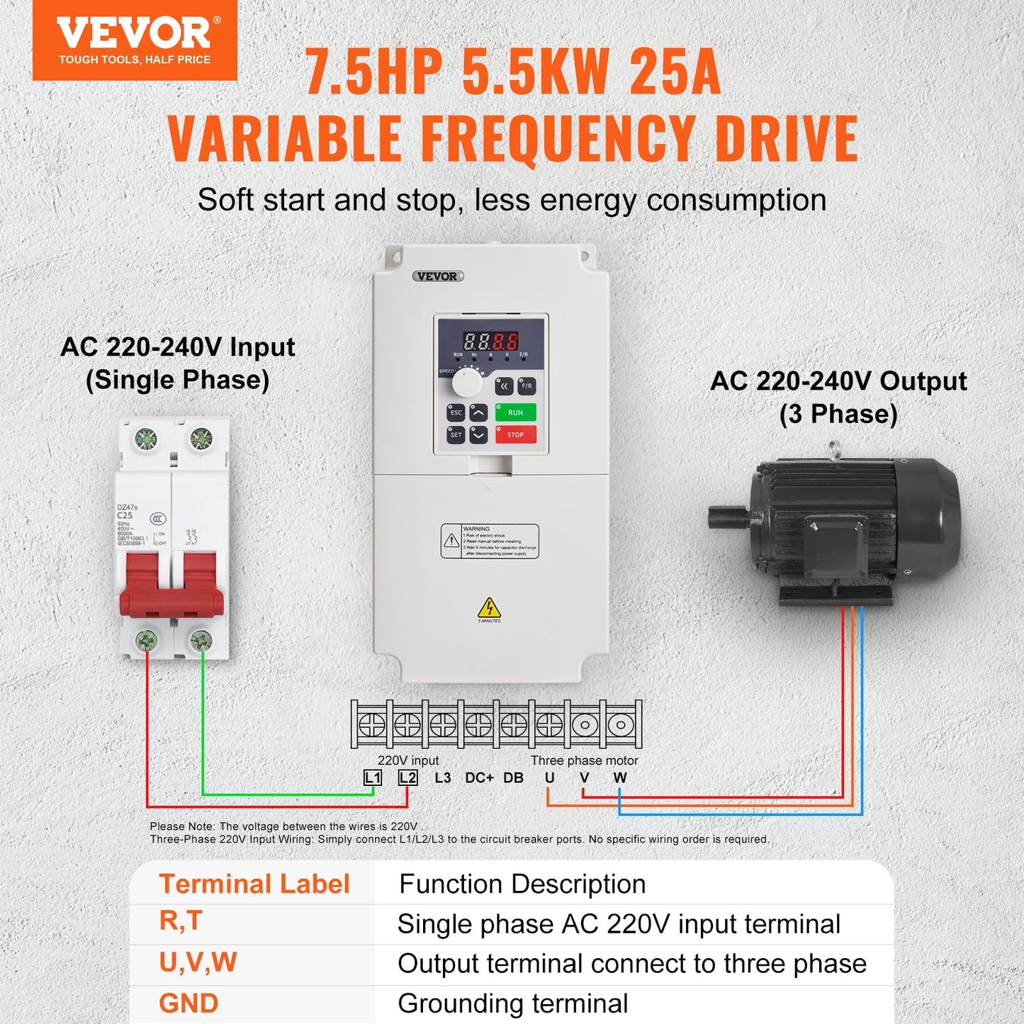VFD 7.5HP, 5.5KW, 25A, 1 or 3 Phase AC 220V Input to 3 Phase AC 0~220V Output Variable Frequency Drive, 50/60Hz Input, 0-2000Hz Output VFD for Spindle Motor Speed Control
