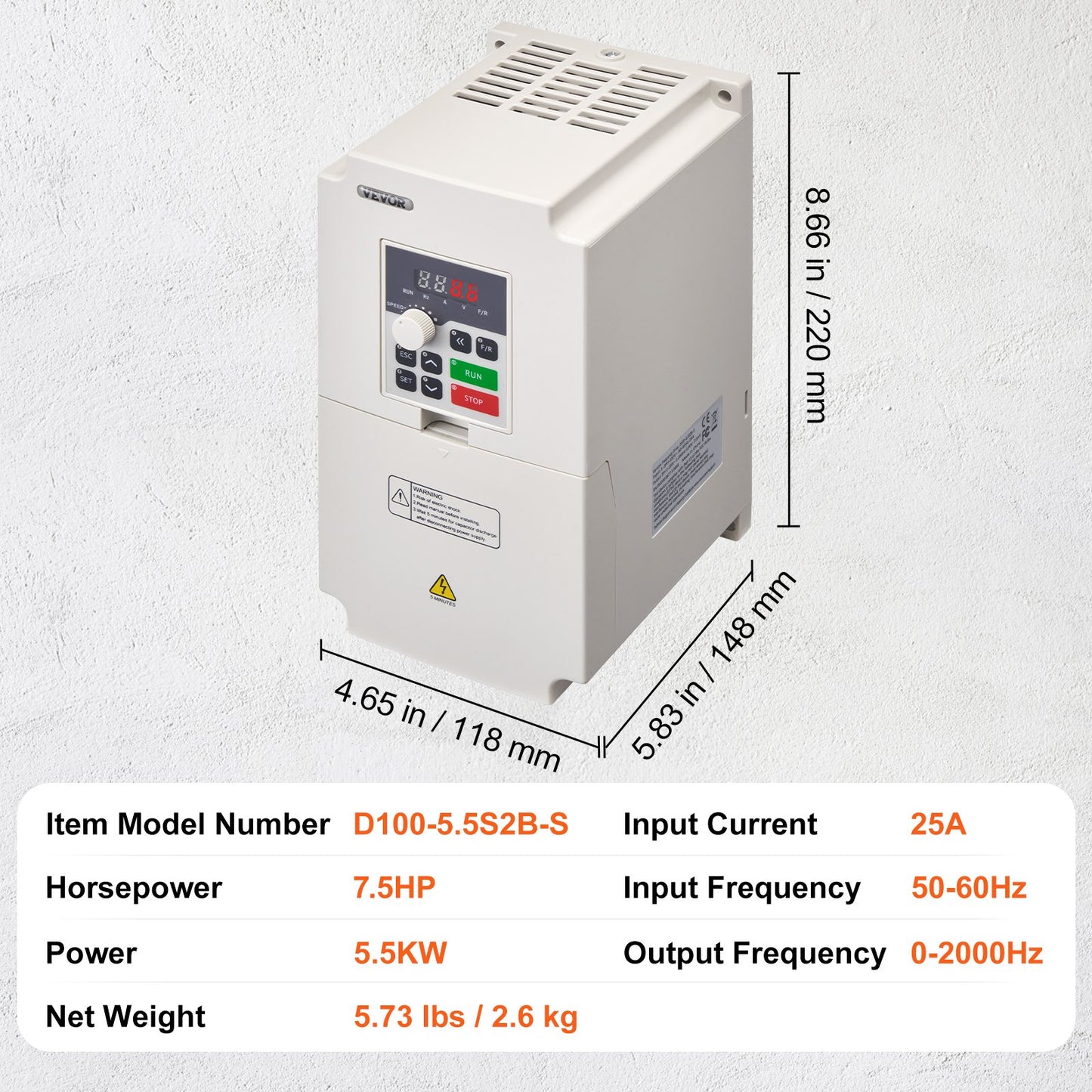 VFD 7.5HP, 5.5KW, 25A, 1 or 3 Phase AC 220V Input to 3 Phase AC 0~220V Output Variable Frequency Drive, 50/60Hz Input, 0-2000Hz Output VFD for Spindle Motor Speed Control