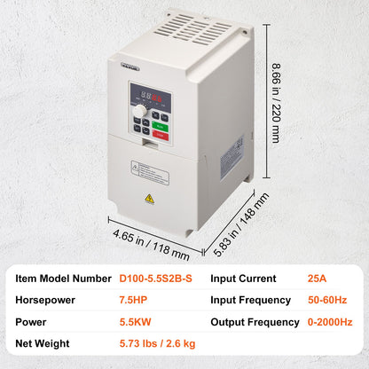 VFD 7.5HP, 5.5KW, 25A, 1 or 3 Phase AC 220V Input to 3 Phase AC 0~220V Output Variable Frequency Drive, 50/60Hz Input, 0-2000Hz Output VFD for Spindle Motor Speed Control