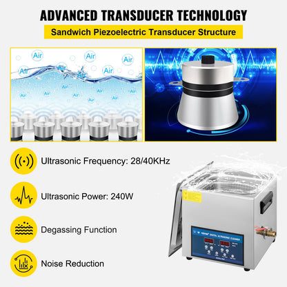 10L Ultrasonic Cleaner Dual Frequency Ultrasonic Cleaning Machine with Heater Jewelry Cleaner for Parts Jewelry Eyeglass Ring Denture Record Circuit Board 28/40KHz