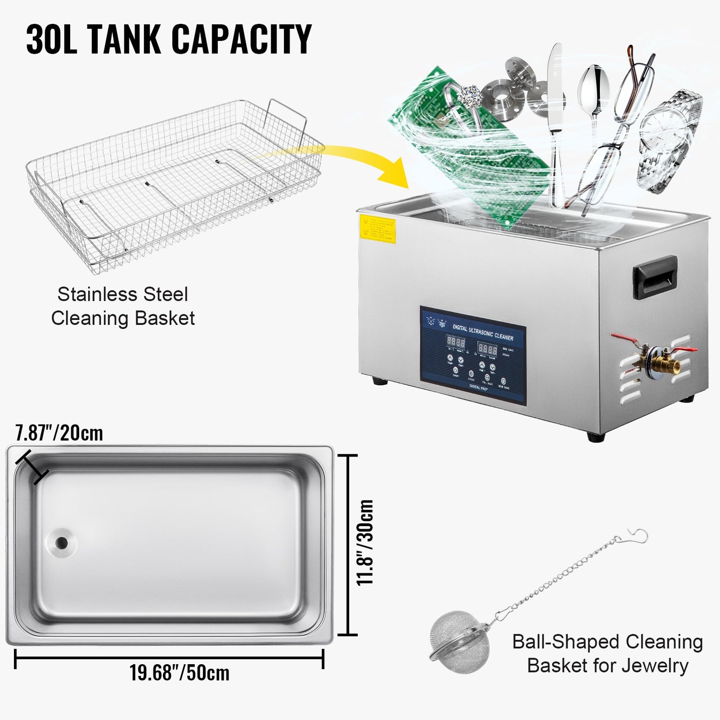 30L Ultrasonic Cleaner Dual Frequency Ultrasonic Cleaning Machine with Heater Jewelry Cleaner for Parts Jewelry Eyeglass Ring Denture Record Circuit Board 28/40KHz