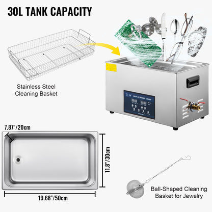 30L Ultrasonic Cleaner Dual Frequency Ultrasonic Cleaning Machine with Heater Jewelry Cleaner for Parts Jewelry Eyeglass Ring Denture Record Circuit Board 28/40KHz