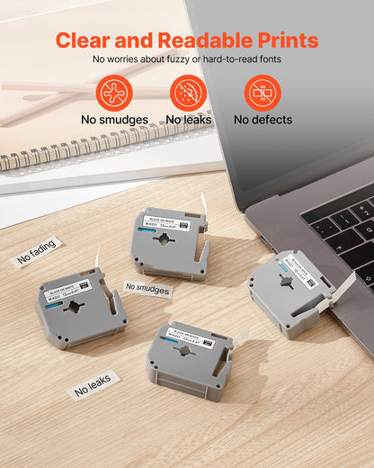 Label Maker Tape, 4 Pack, 0.47 in / 12 mm Black on White Label Cartridge Compatible for Various Types of Brother Labelers, Durable & Long-lasting, Waterproof, Replacement for Letra Tag M-K231