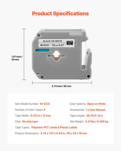 Label Maker Tape, 4 Pack, 0.47 in / 12 mm Black on White Label Cartridge Compatible for Various Types of Brother Labelers, Durable & Long-lasting, Waterproof, Replacement for Letra Tag M-K231