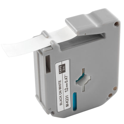 Label Maker Tape, 4 Pack, 0.47 in / 12 mm Black on White Label Cartridge Compatible for Various Types of Brother Labelers, Durable & Long-lasting, Waterproof, Replacement for Letra Tag M-K231