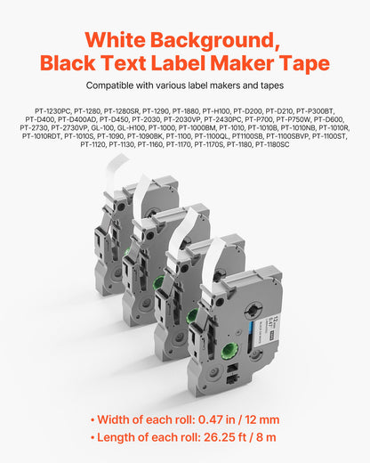 Label Maker Tape, 4 Pack, 0.47 in / 12 mm Black on White Label Maker Refills Compatible for Various Types of Brother P-Touch Labelers, Durable & Long-lasting, Replacement for Letra Tag TZe-231
