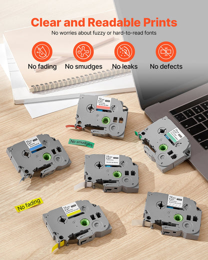 Label Maker Tape, 6 Pack, 0.47 in / 12 mm Colored Label Maker Refills Compatible for Various Types of Brother P-Touch, Replacement for Letra Tag TZe-131 TZe-231 TZe-431 TZe-531 TZe-631 TZe-731