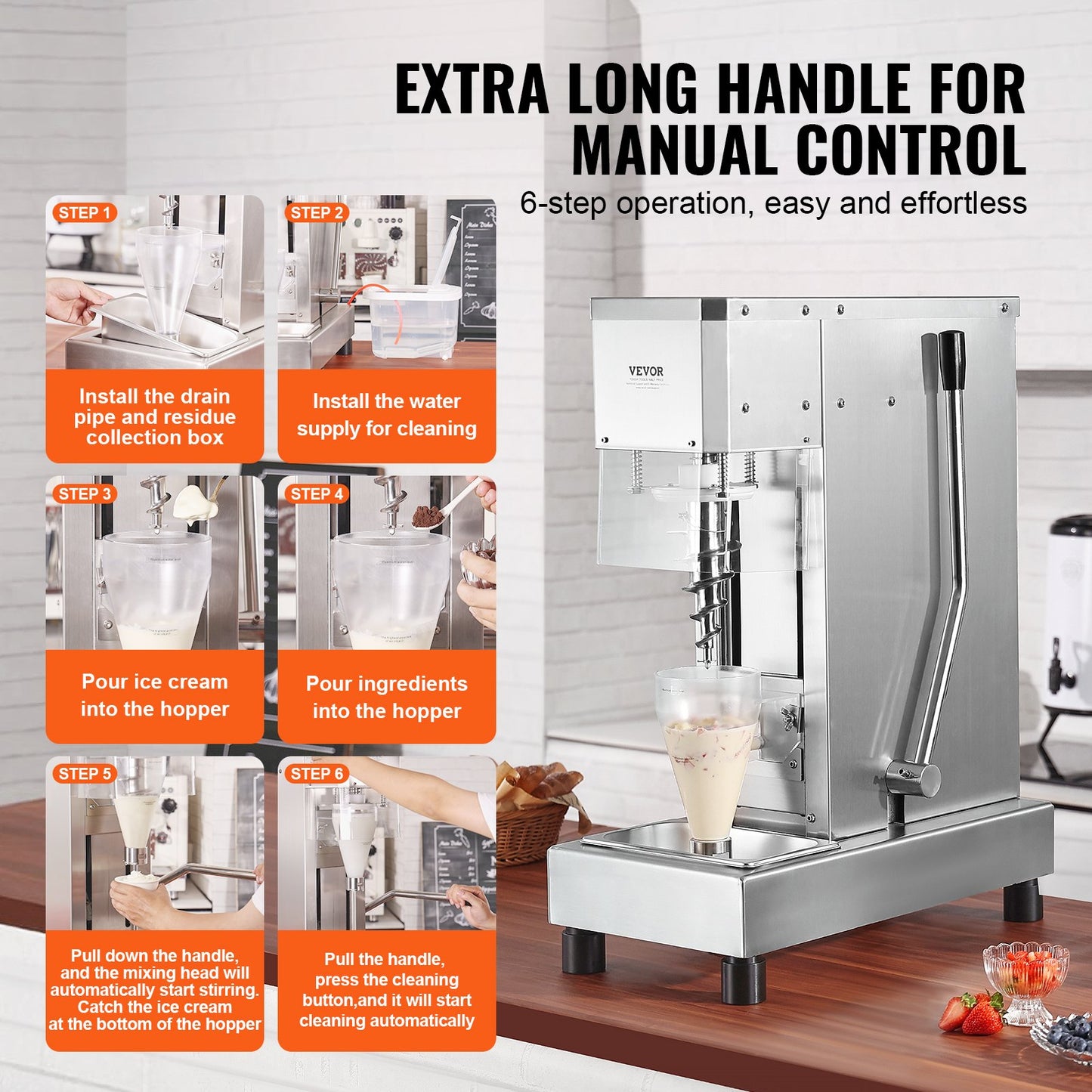 Glassmixer, 750W höghastighetsglassmaskin, mixer och omrörningsmaskin, 1740 varv/min, glassshaker i 304 rostfritt stål, långt handtag + PC-skydd, anpassningsbar med valfri glasssmak