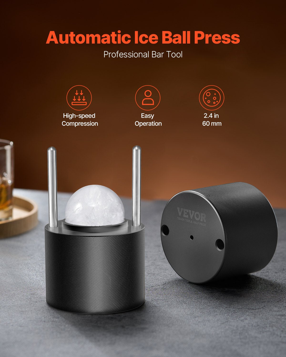 Ice Ball Press Kit, Aviation Aluminum Ice Press with Ice Block Mold, Large Mat, Tong, Drip Tray, One Glass, Round Ice Ball Maker 2.4"/60 mm Ice Sphere, for Whiskey, Cocktail on Party & Holiday
