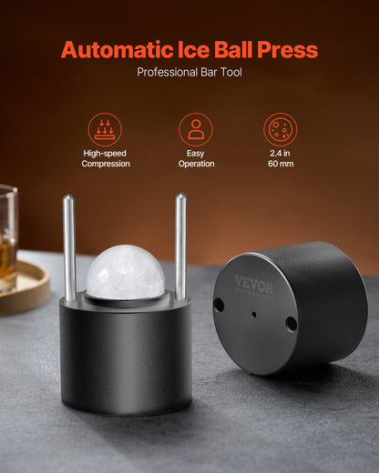 Ice Ball Press Kit, Aviation Aluminum Ice Press with Ice Block Mold, Large Mat, Tong, Drip Tray, One Glass, Round Ice Ball Maker 2.4"/60 mm Ice Sphere, for Whiskey, Cocktail on Party & Holiday