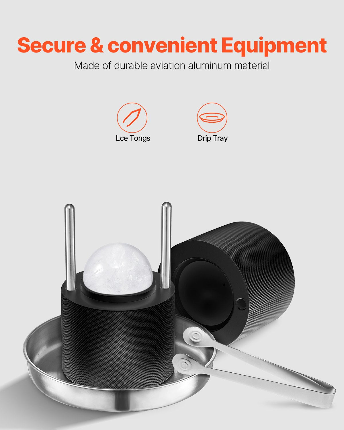 Ice Ball Press Kit, Aviation Aluminum Ice Press with Ice Block Mold, Large Mat, Tong, Drip Tray, One Glass, Round Ice Ball Maker 2.4"/60 mm Ice Sphere, for Whiskey, Cocktail on Party & Holiday
