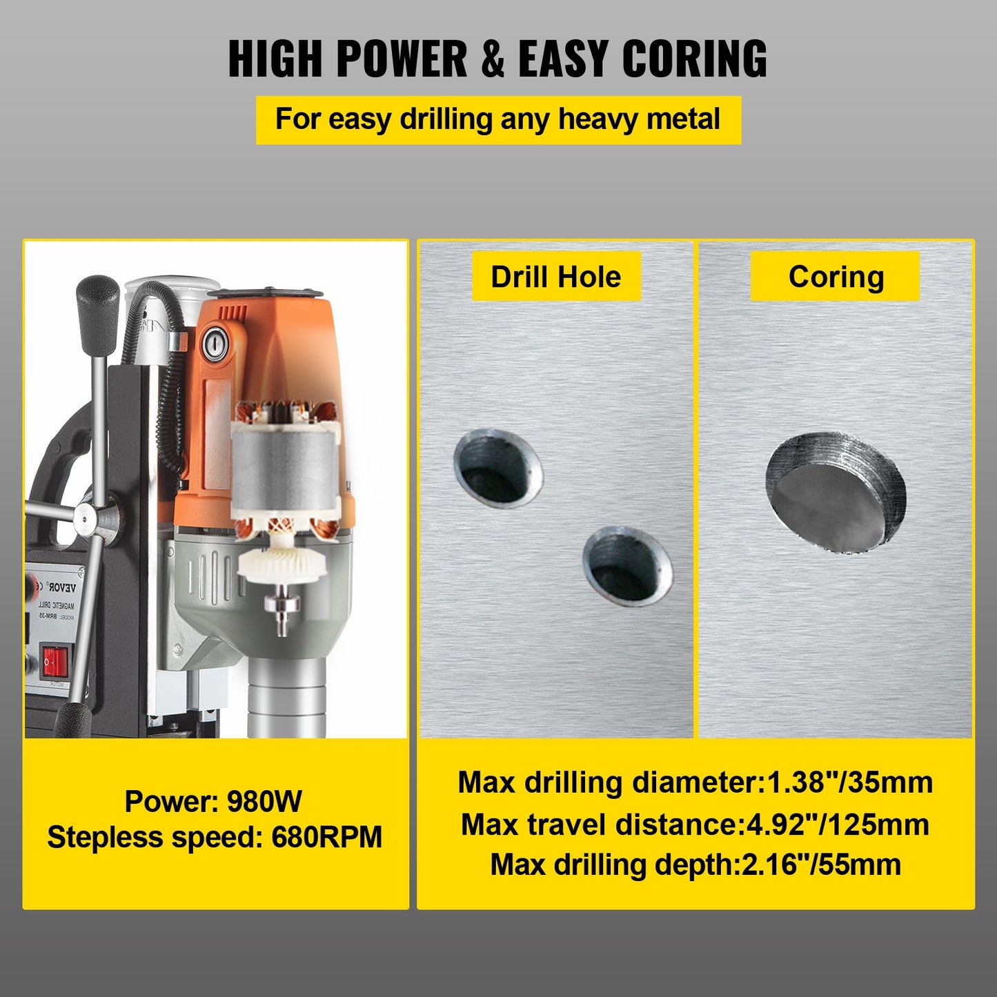 Magnetic Drill 220V-240V Magnetic Drilling Machine 980W, Metal Drill Press High Power 680 rpm, Multi-Function Metal Drill Press 35MM Core Drilling Machine for Drilling And Tapping