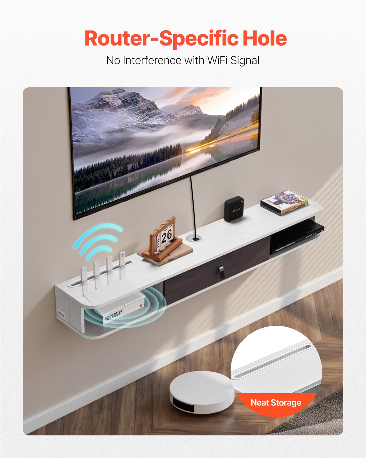 Floating TV Stand, 55 in Wall Mount Entertainment Center with Cable Hole, Modern Floating TV Shelf with Storage Cabinet, Particle Board Console for DVD Player, Cable Box, Game Console, White