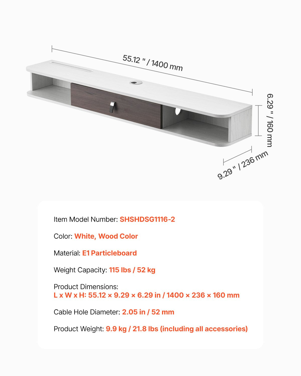 Floating TV Stand, 55 in Wall Mount Entertainment Center with Cable Hole, Modern Floating TV Shelf with Storage Cabinet, Particle Board Console for DVD Player, Cable Box, Game Console, White