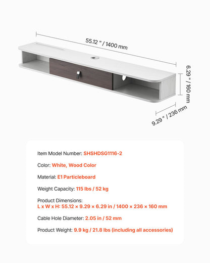 Floating TV Stand, 55 in Wall Mount Entertainment Center with Cable Hole, Modern Floating TV Shelf with Storage Cabinet, Particle Board Console for DVD Player, Cable Box, Game Console, White
