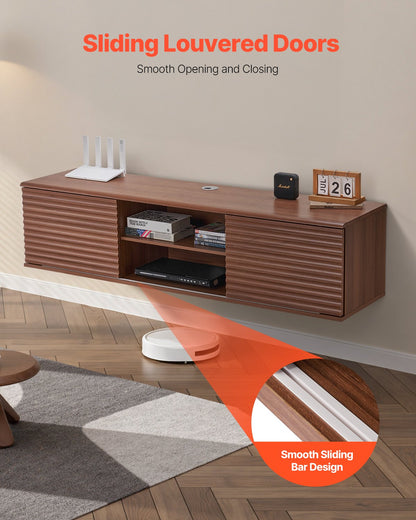 Floating TV Stand, 60" Wall Mount Entertainment Center with Adjustable Shelf & Sliding Doors, 2 Tiers Floating TV Shelf with Storage Cabinet for DVD Player, Cable Box, Game Console, Walnut