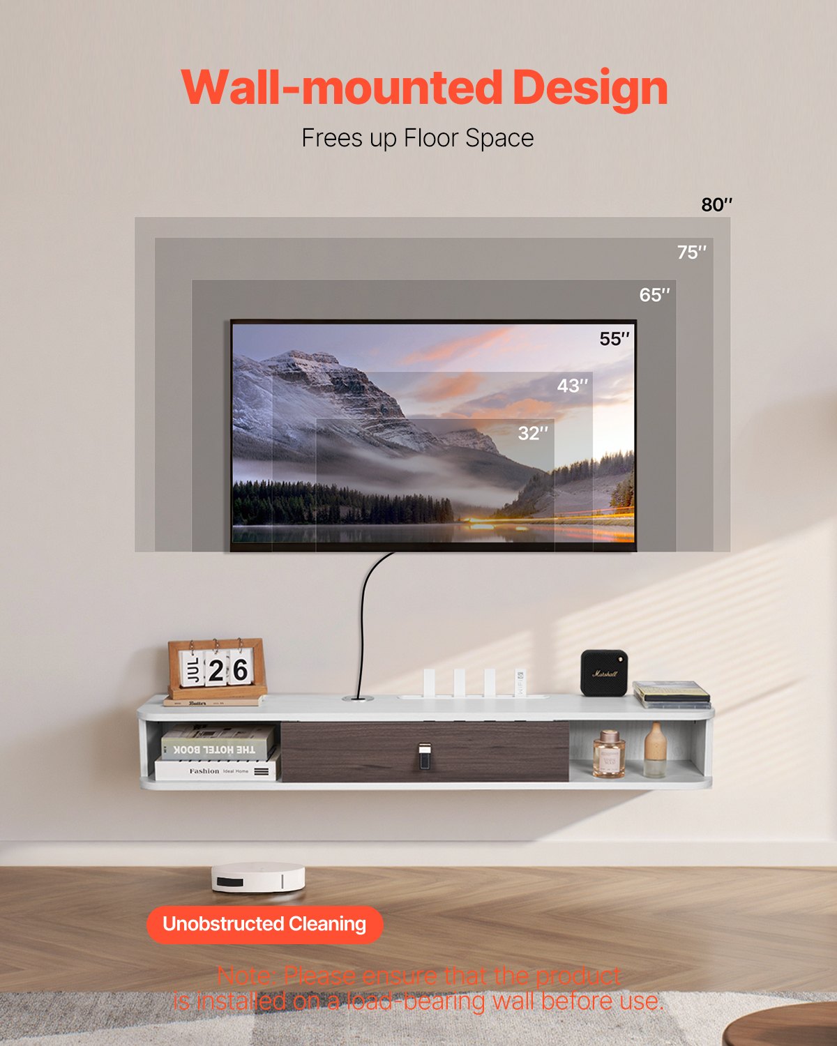 Flytande TV-stativ, 47 tum väggmonterat underhållningscenter med kabelhål, modern flytande TV-hylla med förvaringsskåp, spånskivekonsol för DVD-spelare, kabelbox, spelkonsol, vit