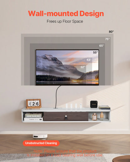 Flytande TV-stativ, 47 tum väggmonterat underhållningscenter med kabelhål, modern flytande TV-hylla med förvaringsskåp, spånskivekonsol för DVD-spelare, kabelbox, spelkonsol, vit