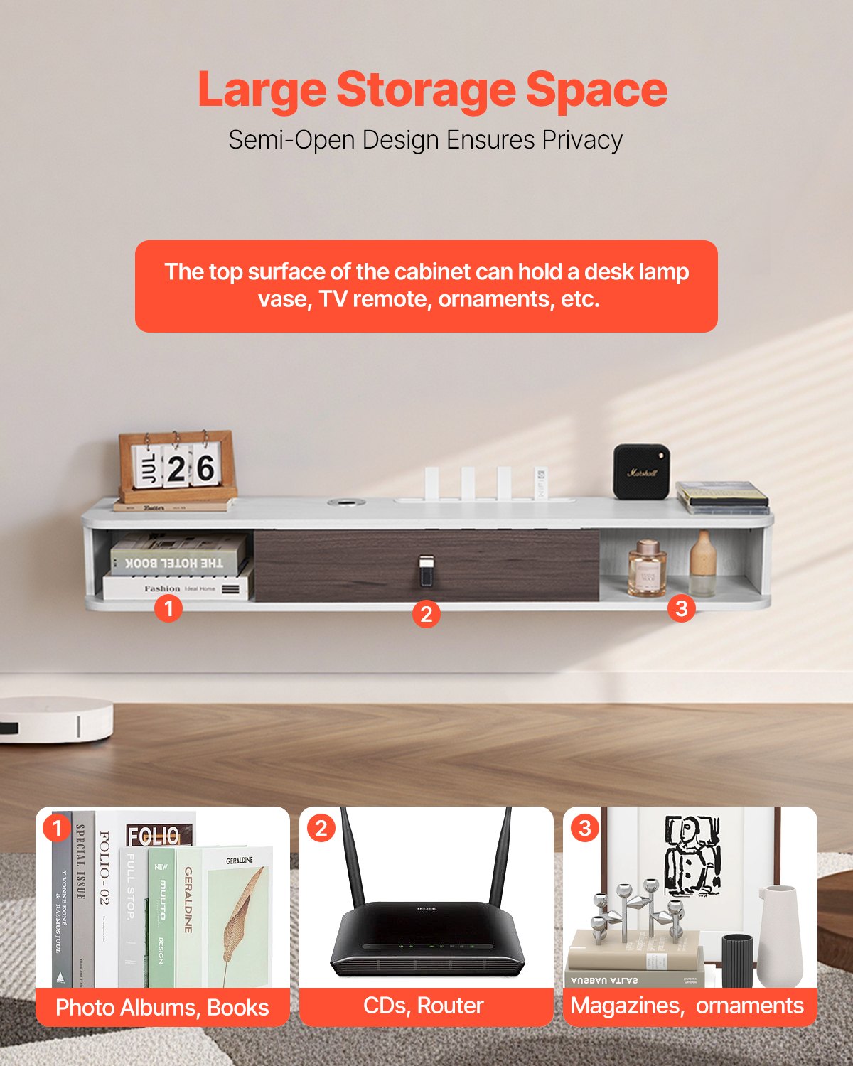 Flytande TV-stativ, 47 tum väggmonterat underhållningscenter med kabelhål, modern flytande TV-hylla med förvaringsskåp, spånskivekonsol för DVD-spelare, kabelbox, spelkonsol, vit