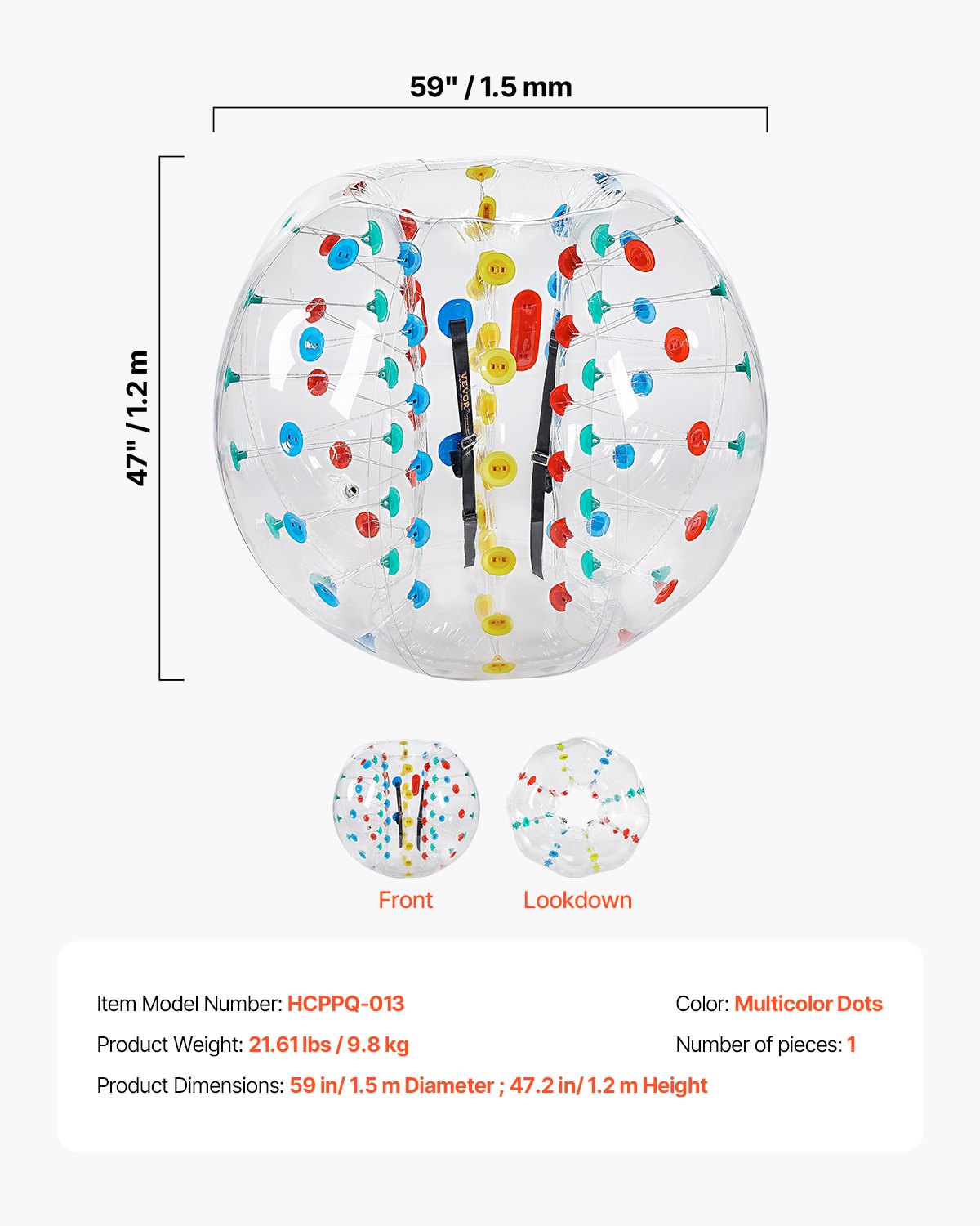 Uppblåsbara stötfångarbollar 1-pack, 5FT/1.5M Body Sumo Zorb-boll, 0.8mm tjock PVC-mänsklig hamster-bubbelknäckare för utomhussporter, Bopper-leksak för trädgård, flerfärgad