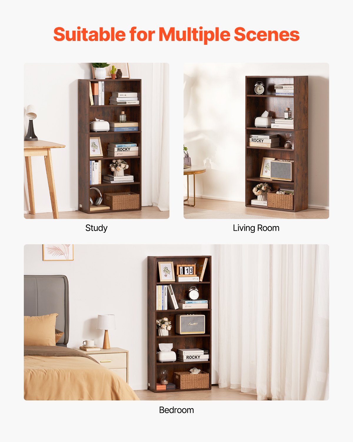 5 Tiers Narrow Bookshelf, 53 in Wooden Open Bookcase with Height-Adjustable Shelf, Freestanding Tall Display Storage Floor Bookcase Bookshelf for Library, Bedroom, Living Room, Office, Brown