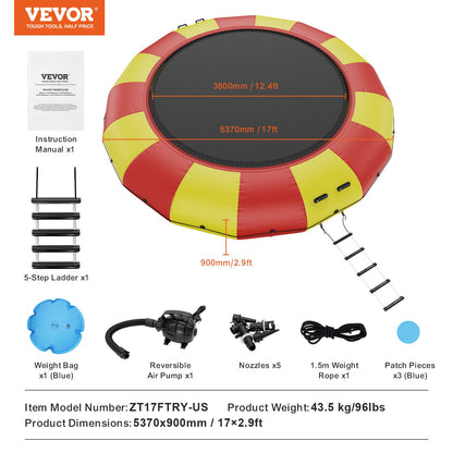 Uppblåsbar vattenstudsare, 17 fot rekreationsvattentrampolin, bärbar studsplattform med 5-stegsstege och elektrisk luftpump, flytande rebounder för barn och vuxna för pool, sjö, vattensporter