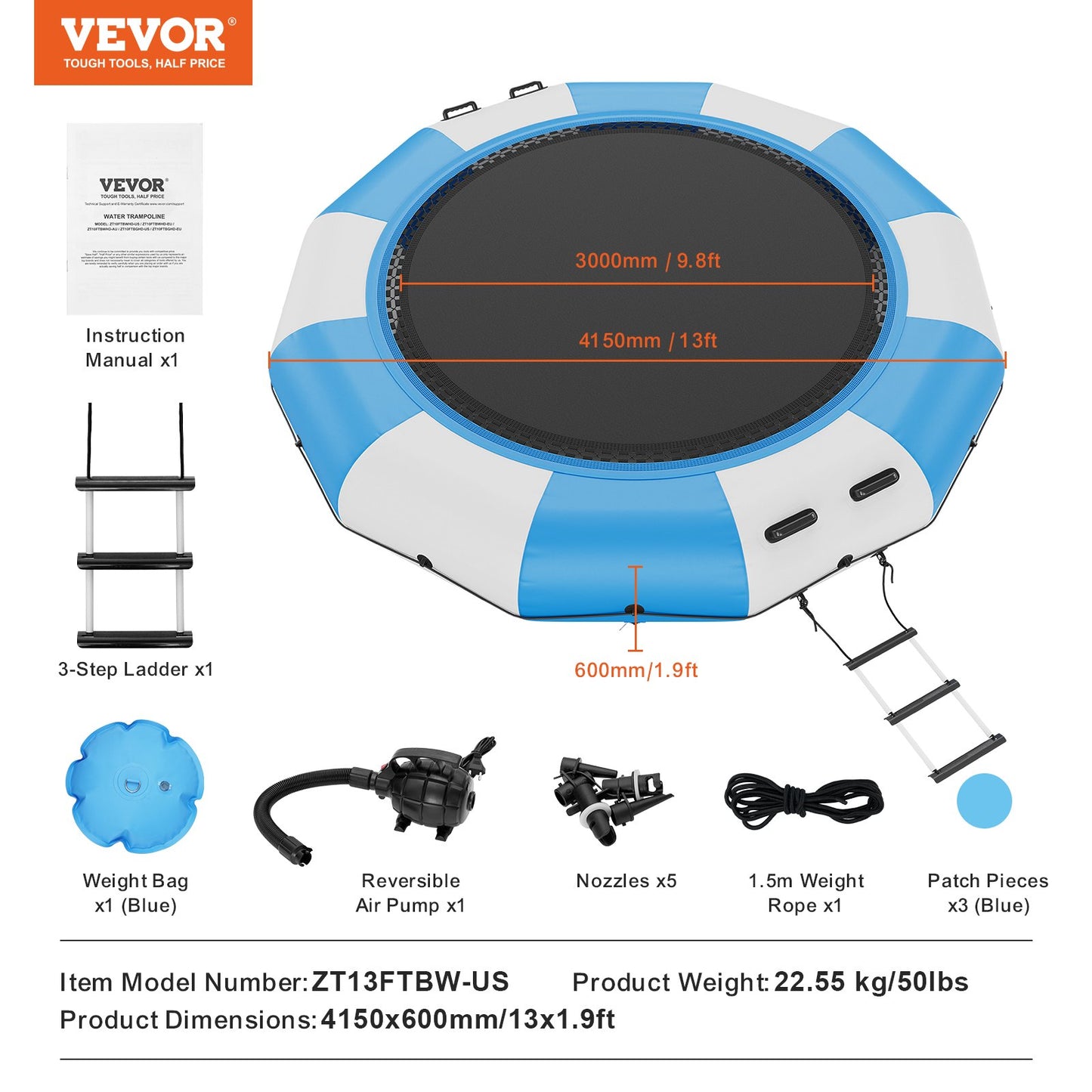 Uppblåsbar vattenstudsare, 13 fot rekreationsvattentrampolin, bärbar studsplattform med 3-stegsstege och elektrisk luftpump, flytande rebounder för barn och vuxna för pool, sjö, vattensporter