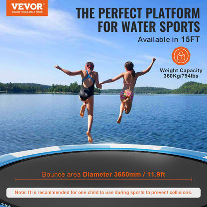 Uppblåsbar vattenstudsare, 15 fot rekreationsvattentrampolin, bärbar studsplattform med 3-stegsstege och elektrisk luftpump, flytande rebounder för barn och vuxna för pool, sjö, vattensporter