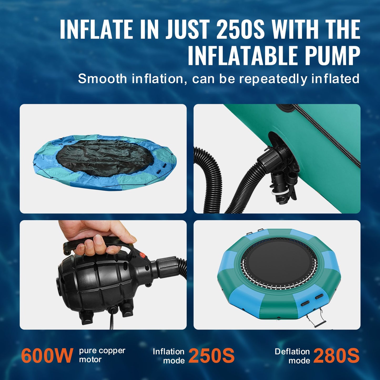 Uppblåsbar vattenstudsare, 12 fot rekreationsvattentrampolin, bärbar studsplattform med 3-stegsstege och elektrisk luftpump, flytande rebounder för barn och vuxna för pool, sjö, vattensporter