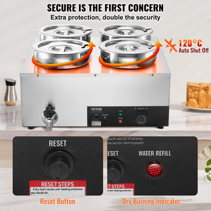 Electric Soup Warmer, Four 7.4QT Stainless Steel Round Pot, 1500W Commercial Food Warmer, 86~185°F Adjustable Temp, Bain Marie with Anti-Dry Burn and Reset Button, for Restaurant, Buffet