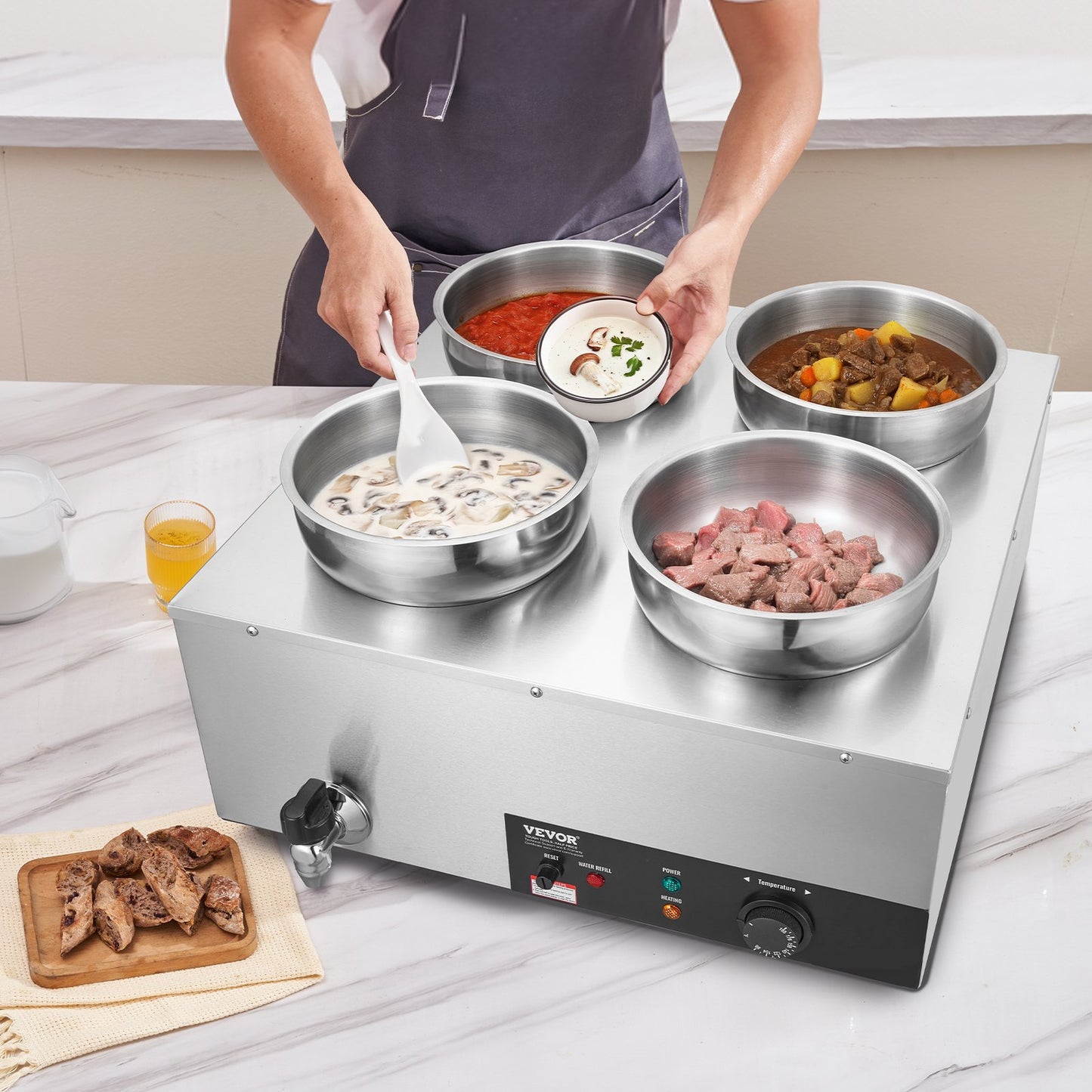 Electric Soup Warmer, Four 7.4QT Stainless Steel Round Pot, 1500W Commercial Food Warmer, 86~185°F Adjustable Temp, Bain Marie with Anti-Dry Burn and Reset Button, for Restaurant, Buffet